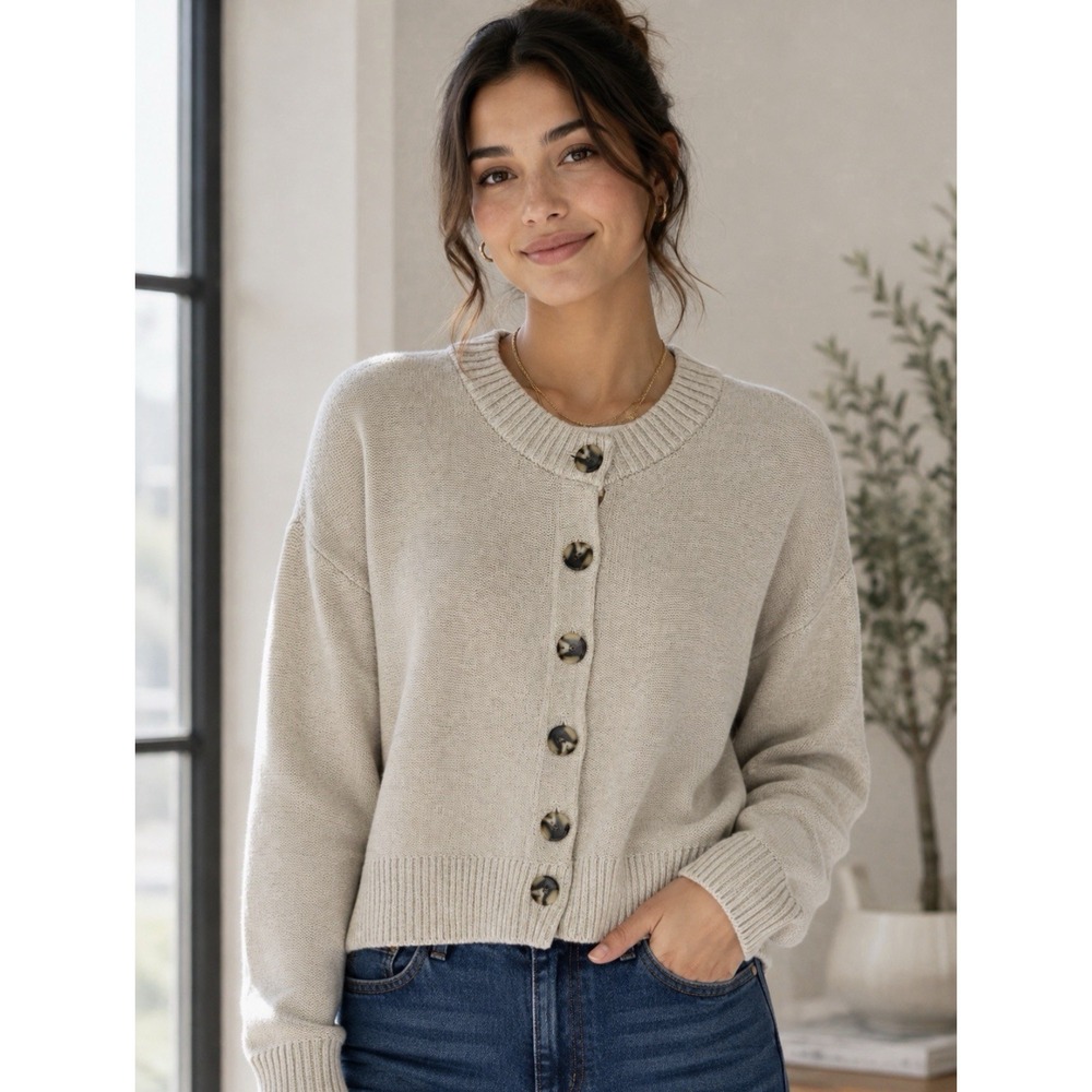 Quince Womens 100% Organic Cotton Cropped Cardigan Sweater Size M Speckled Beige